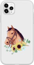 Apple Iphone 11 siliconen paarden hoesje  - Wit - Paard met bloemen
