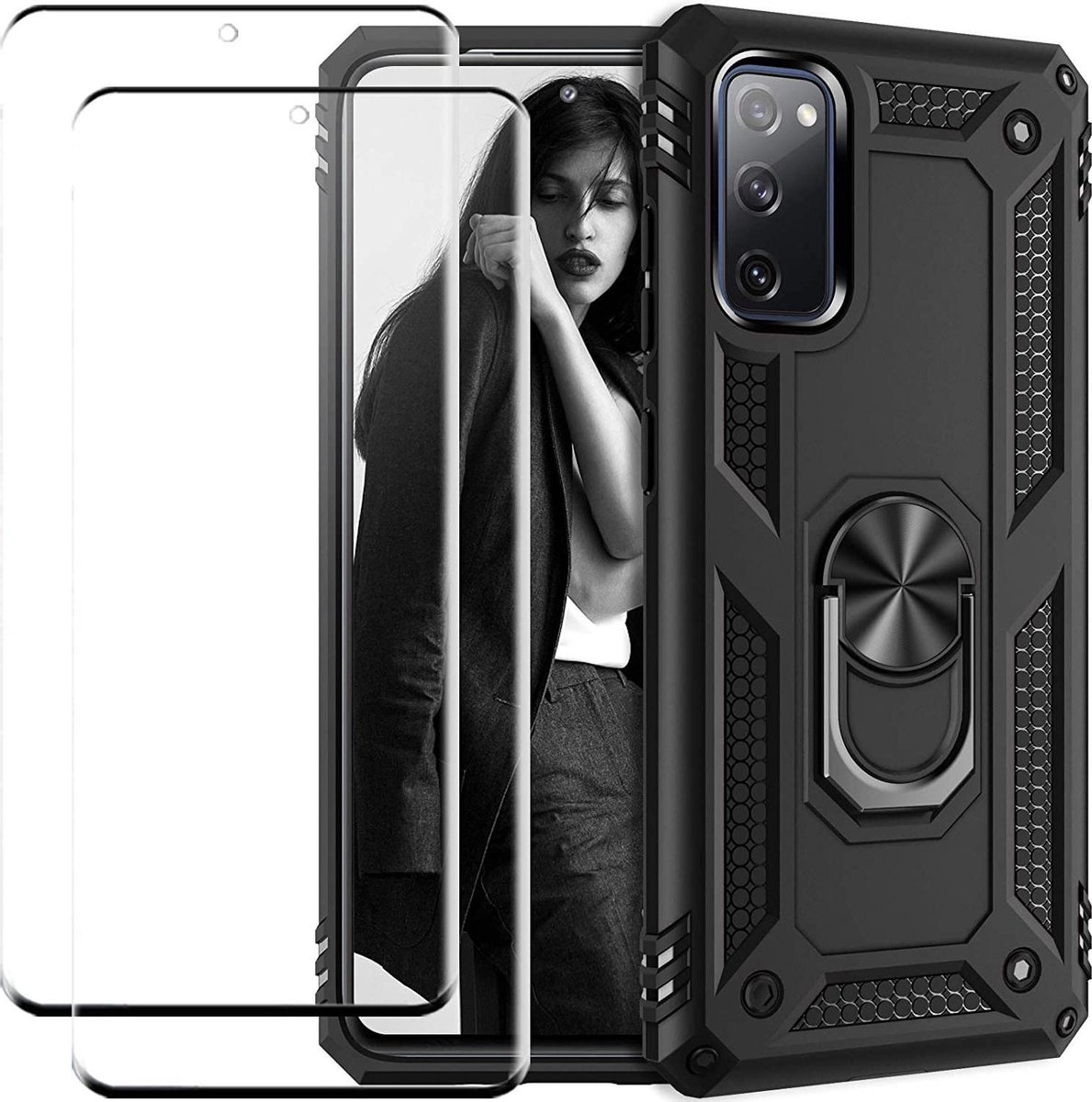 Samsung Galaxy S20 hoesje Schokbestendige ring armor met 2X volledige schermdekking Screenprotector zwart