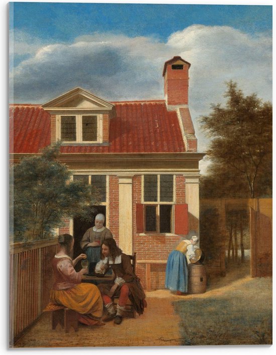 Acrylglas - Oude meesters - Een gezelschap op plaats achter huis, Pieter de Hooch - 30x40cm Foto op Acrylglas (Wanddecoratie op Acrylglas)
