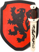 Houten Dolk met schede en ridderschild rood zwarte leeuw  schild zwaard ridder kinderzwaard