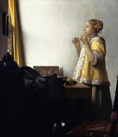 Kunst: Johannes Vermeer, Vrouw met parelsnoer, ca. 1662-1665 op canvas, afmetingen van het schilderij zijn 60 X 100 CM