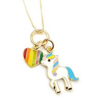 Kinderketting goudkleurig met multicolor unicorn hanger en hartje