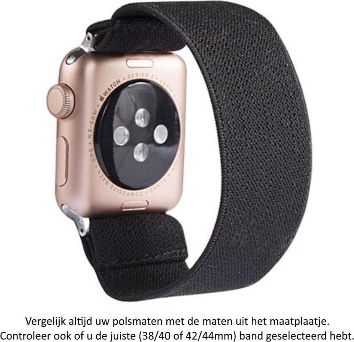 Zwart Elastische Nylon Horloge Band geschikt voor Apple Watch 1, 2, 3, 4, 5, 6, 7, 8, SE, 42mm & 44mm "Mannenbreedte" Series – Maat: zie maatfoto - Zacht Geweven Nylon - 42 mm en 44 mm