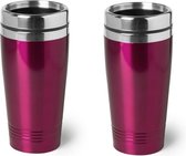2x stuks warmhoudbeker/warm houd beker metallic fuchsia roze 450 ml - RVS Isoleerbeker/thermosbekers reisbekers voor onderweg