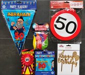 50 jaar - Abraham Verjaardag Versiering - Ballonnen - Afzetlint - Vlaggenlijn - Taarttopper - Rozet - Feestpakket