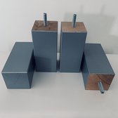 Set van 4 stuks houten Boxspring Bedden Meubelpoten Zilver Beuken 12 cm hoogte 5x5 cm met M8 draadeinde