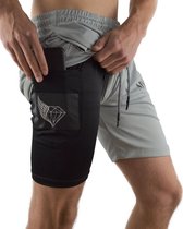 MVLOUS Sportbroek voor Heren - kort - Fitness broek met mobiel zak - 2 in 1 Sportbroekje - Grijs- L