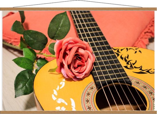 Schoolplaat – Gele Gitaar met Roze Kussen - 120x80cm Foto op Textielposter (Wanddecoratie op Schoolplaat)