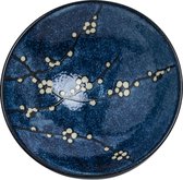exclusief Japans servies bord Hana uitstekende kwaliteit porselein  diameter 22,5 cm dikte 3 cm kleuren blauw wit zwart bloemen.
