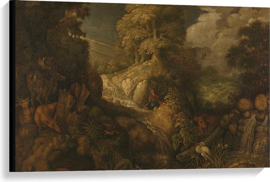 Canvas  - Oude Meesters - Elia door de raven gevoed, Roelandt Savery, 1634 - 90x60cm Foto op Canvas Schilderij (Wanddecoratie op Canvas)