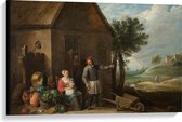 Canvas  - Oude Meesters - Een boer, vrouw & kind voor boerderij, David Teniers - 90x60cm Foto op Canvas Schilderij (Wanddecoratie op Canvas)