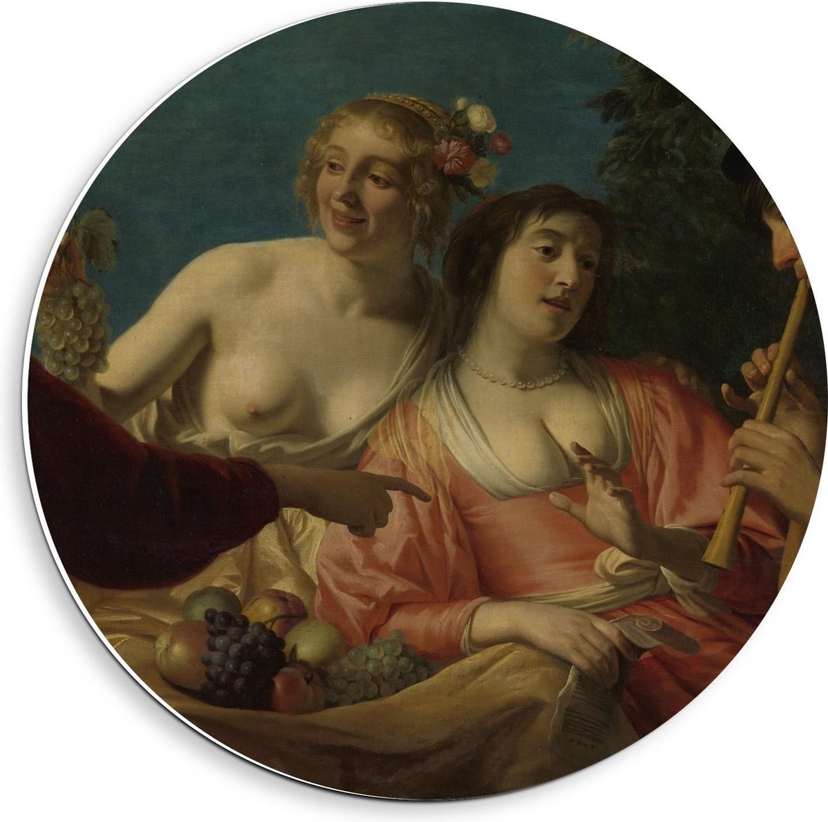 KuijsFotoprint Forex Wandcirkel - Oude Meesters - Fluitspelende herder & herderinne, Gerard v Honthorst - 40x40cm Foto op Wandcirkel (met ophangsysteem) Blauw