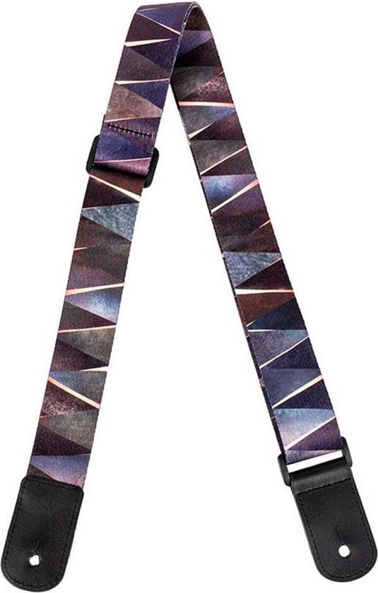 Gitaarband met geometrisch patroon in paars, roze en grijstinten.