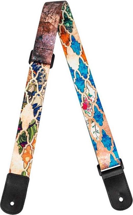 Gitaarband met een mozaïekpatroon in blauw, groen, oranje en beige, met zwarte leren uiteinden.