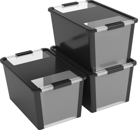 KIS Bi-Box L opbergbox - 40L - 3 stuks - Zwart met deksel | bol.com