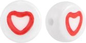 Letterkraal hartje - rond 7mm - wit open hartje rood - 10 stuks