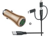 Pro User Set 36W Dual auto USB lader  + 3-in-1 USB-kabel Goud