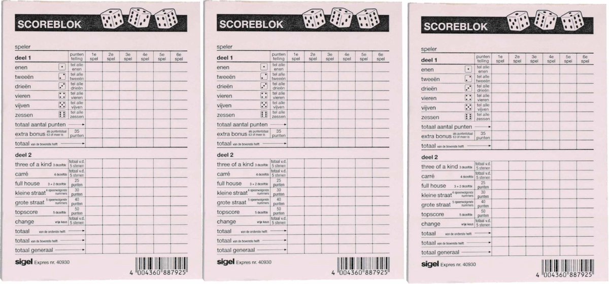 3x Scoreblokken Yahtzee 100 vellen - Familiespellen - Dobbelspellen - Dobbelspel - Scoreblokken/scorekaarten - Score notitieblok