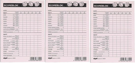 Thumbnail van een extra afbeelding van het spel 3x Scoreblokken Yahtzee 100 vellen - Familiespellen - Dobbelspellen - Dobbelspel - Scoreblokken/scorekaarten - Score notitieblok