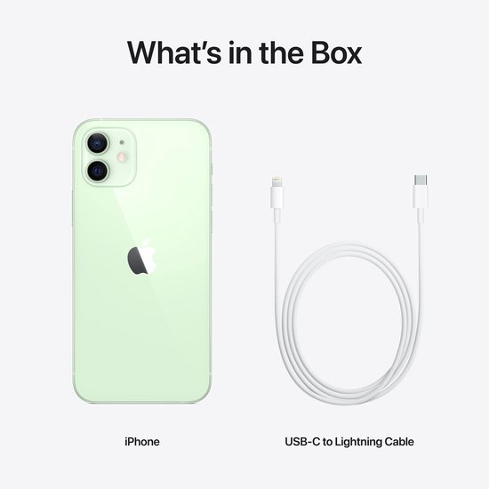Inhoud van de doos: een lichtgroene iPhone en een USB-C naar Lightning kabel.