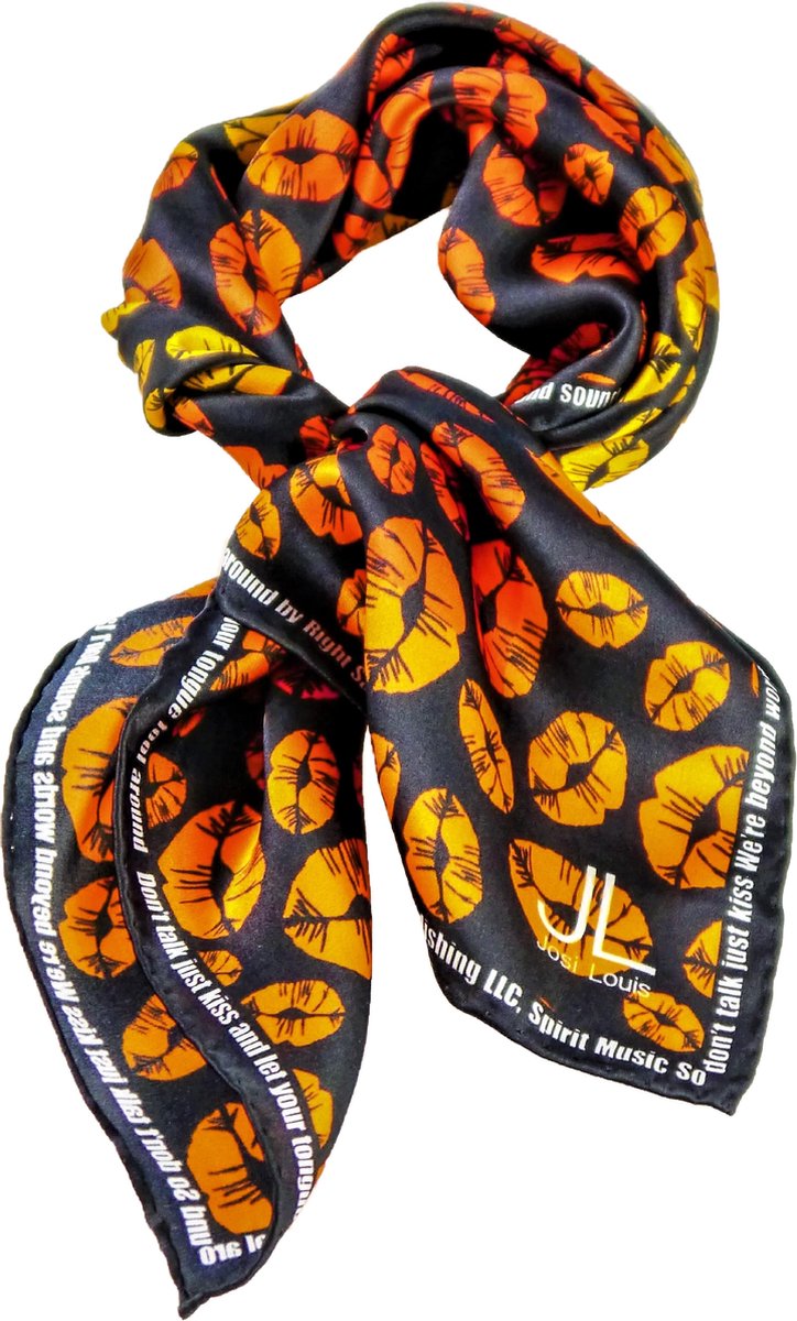 Josi Louis 100% Zijden sjaal - Don’t talk just kiss - Oranje Geel Zwart - vierkant 60×60 cm - luxe zacht zijden sjaal