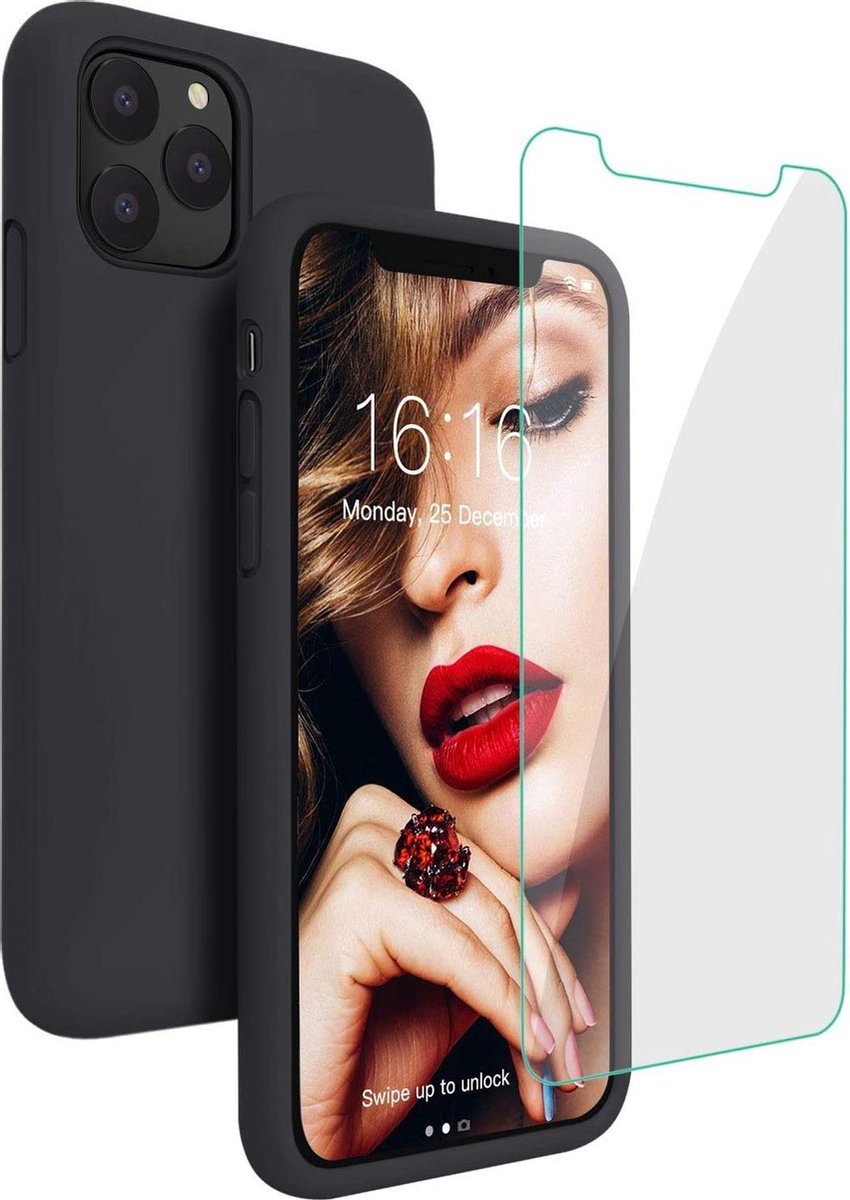 Siliconen Hoesje Backcover Zwart + Tempered Glas Geschikt voor: iPhone 12 Pro