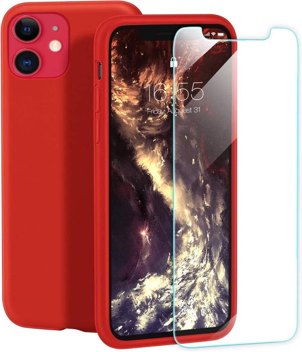 Siliconen Hoesje Backcover Rood + Tempered Glas Geschikt voor: iPhone 12