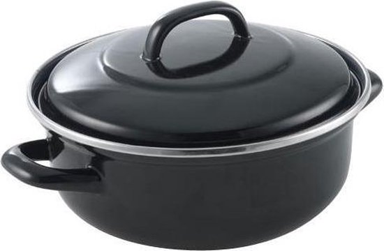 Zwarte emaille braadpan met deksel en handvatten.