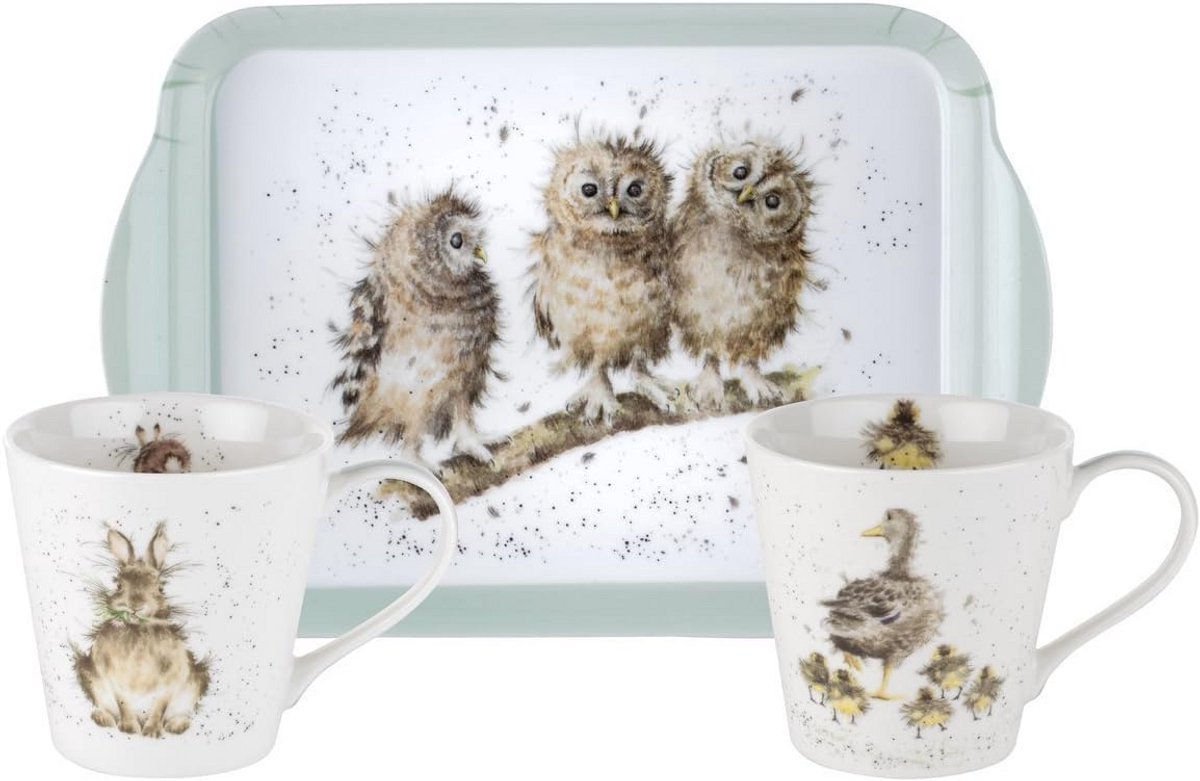 Mok en Dienblad Set met Twee Kopjes, Keramiek en Melamine