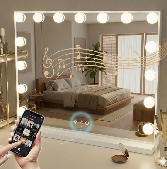 OMNIEXA Hollywood Spiegel - 58x46 cm - 15 LED Lampen - Dimbaar - Bluetooth Speaker - USB Oplaadpunt - Make Up Spiegel - Vanity - Wit