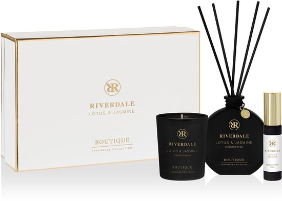 Riverdale - Geschenkset - Lotus & Jasmine - Medium - Wit - Geurstokjes, geurkaars en huisparfum