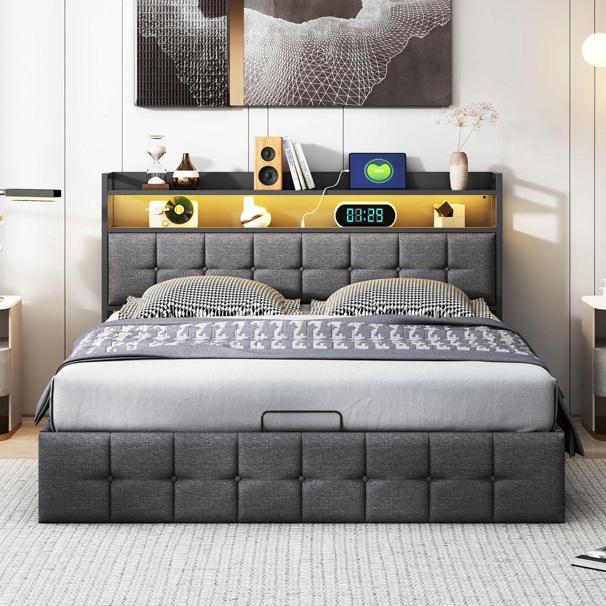 Tweepersoons Boxspringbed met Lattenbodem en LED-Verlichting Ruimtebesparend Grijs Linnen 140 x 200 cm
