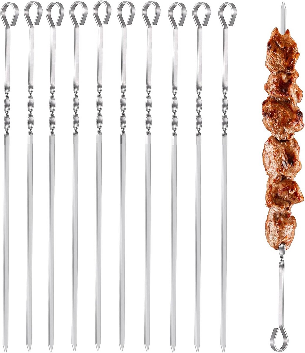 Set van 10 Platte Roestvrijstalen Spiezen voor Kebab en Barbecue
