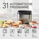 Zilverkleurige broodbakmachine met 31 automatische programma's, brood, glutenvrij brood, deeg en cake afgebeeld.