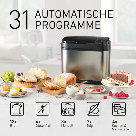 Zilverkleurige broodbakmachine met 31 automatische programma's, brood, glutenvrij brood, deeg en cake afgebeeld.