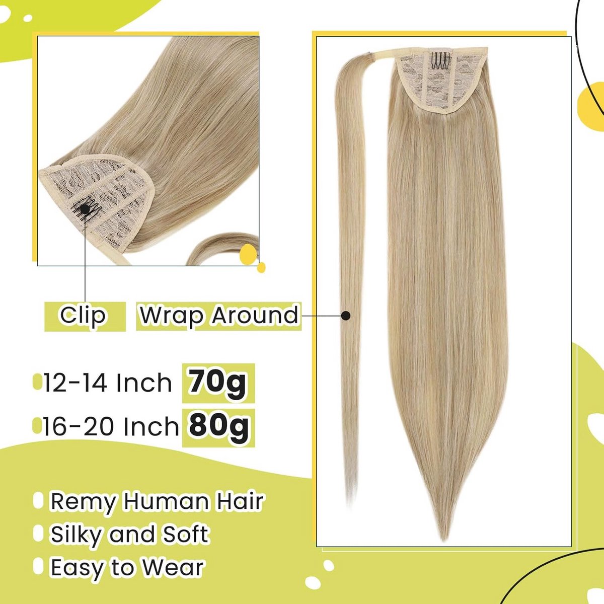 Paardenstaart Extensions Menselijk Haar Balayage Asblond Mix Middelblond 50cm