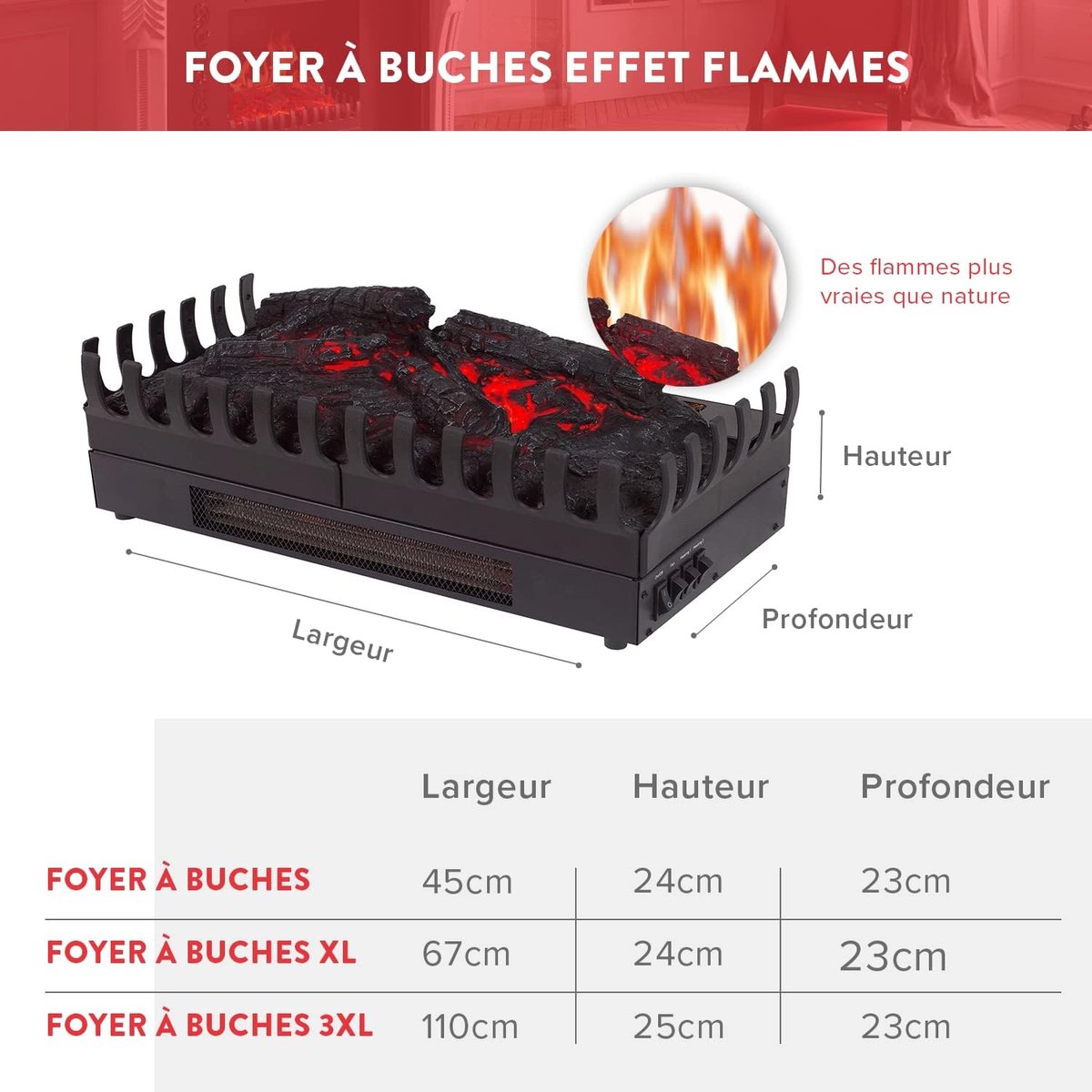 Elektrische haard Casa Velluto XL 2000W – Vrijstaande verwarming met realistisch vlammeneffect, gloeiende houtblokken, LED verlichting, zwart, modern & klassiek design – 67x23x24 cm