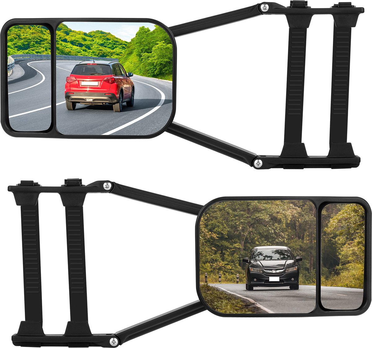 Universele Caravanspiegels – Set van 2 – Verstelbare Opzetspiegels – Dubbel Zicht met Groot + Convex Glas – Alleen geschikt voor rechthoekige buitenspiegels – Zwart