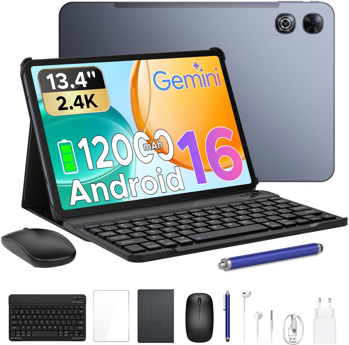 POCKAM P13 Tablets - 48 GB RAM 128 GB ROM - 13,4 inch 2,4K 120 Hz - Android 16 - Gemini AI - 12000 mAh/18 W - Face ID - Widevine L1 - 13 MP + 8 MP camera - Dubbele luidsprekers - Tablet met toetsenbord en pennenhouder - Grijs