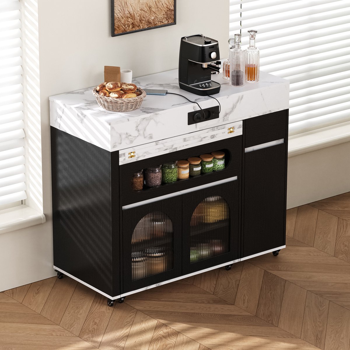 STILVORA Keukeneiland 50,5-187,5 cm – Uittrekbare Eettafel Met Stopcontacten – Met Lade, Glazen Deuren & Wielen – Modern MDF – Zonder Matras – Zwart