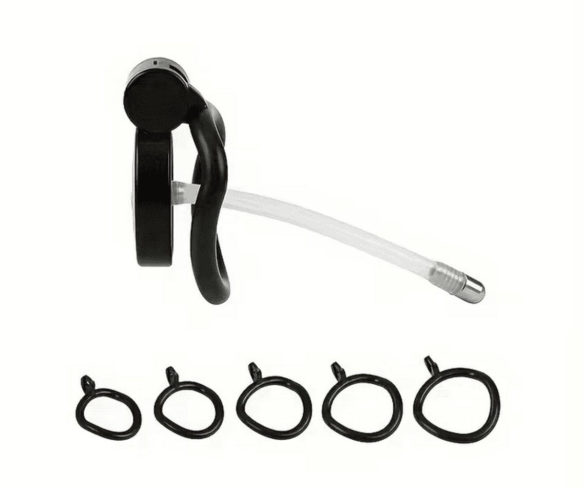 Mini peniskooi - Mini chastity - Zwart - kuisheidskooi - sub - kinky - kathether - 5 maat ringen - sleutels - bdsm