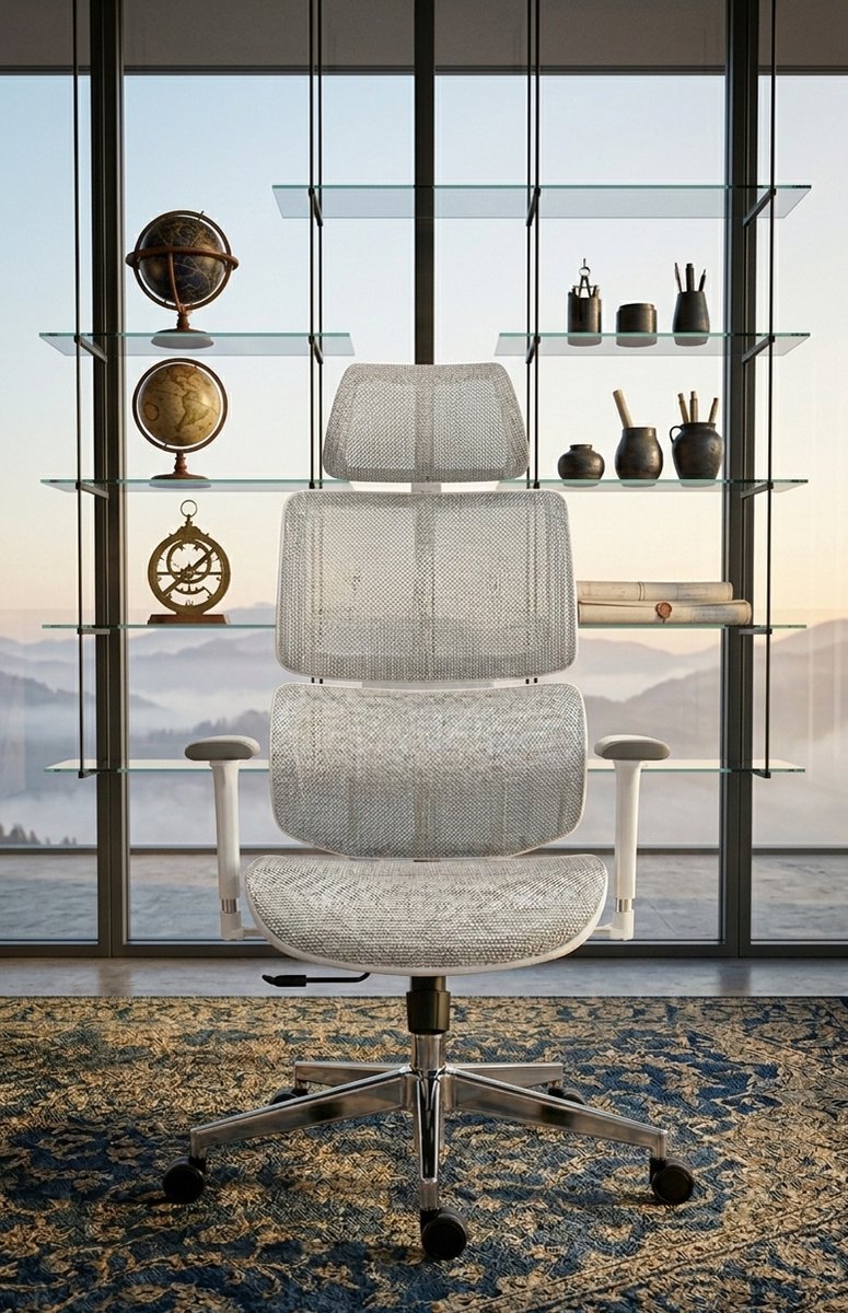 Luxe Ergonomische Bureaustoel – Hoge Rugleuning, Ademend Mesh, Verstelbare Zithoogte en Armleuningen – Comfortabele Gamestoel en Kantoorstoel – Wit Metaal,Casa Serena