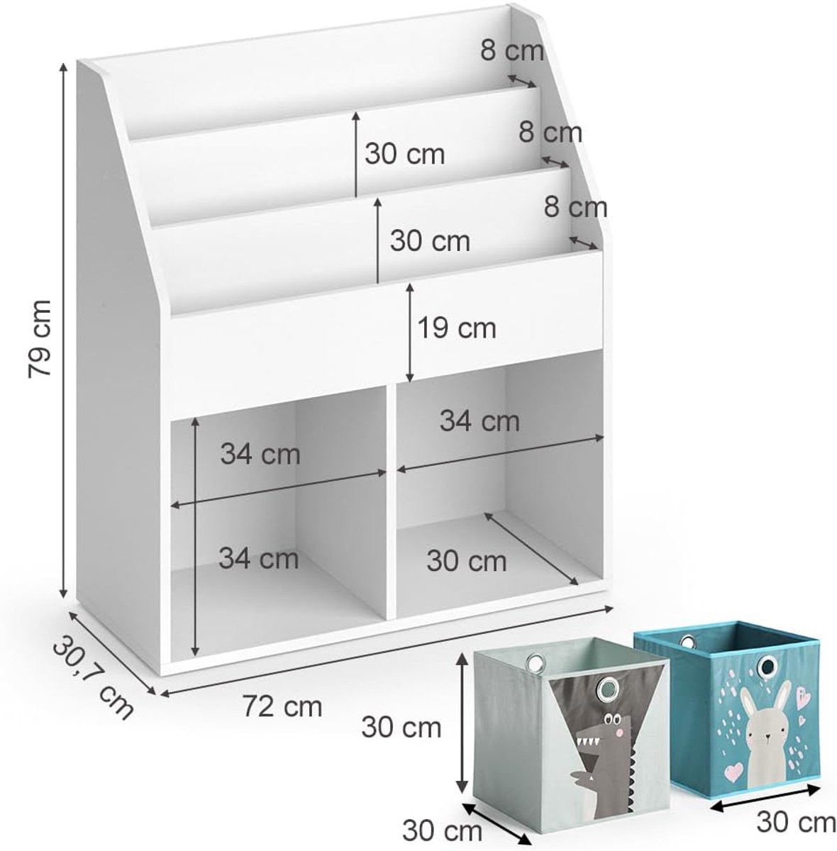 Kinderboekenkast – Casa Velluto SnowyCube Wit 72x79 cm – Speelgoedkast met 2 Vouwboxen – Open Vakken & Cubby Opbergsysteem – Moderne Opbergkast Kinderkamer – Krasbestendig & Ruimtebesparend
