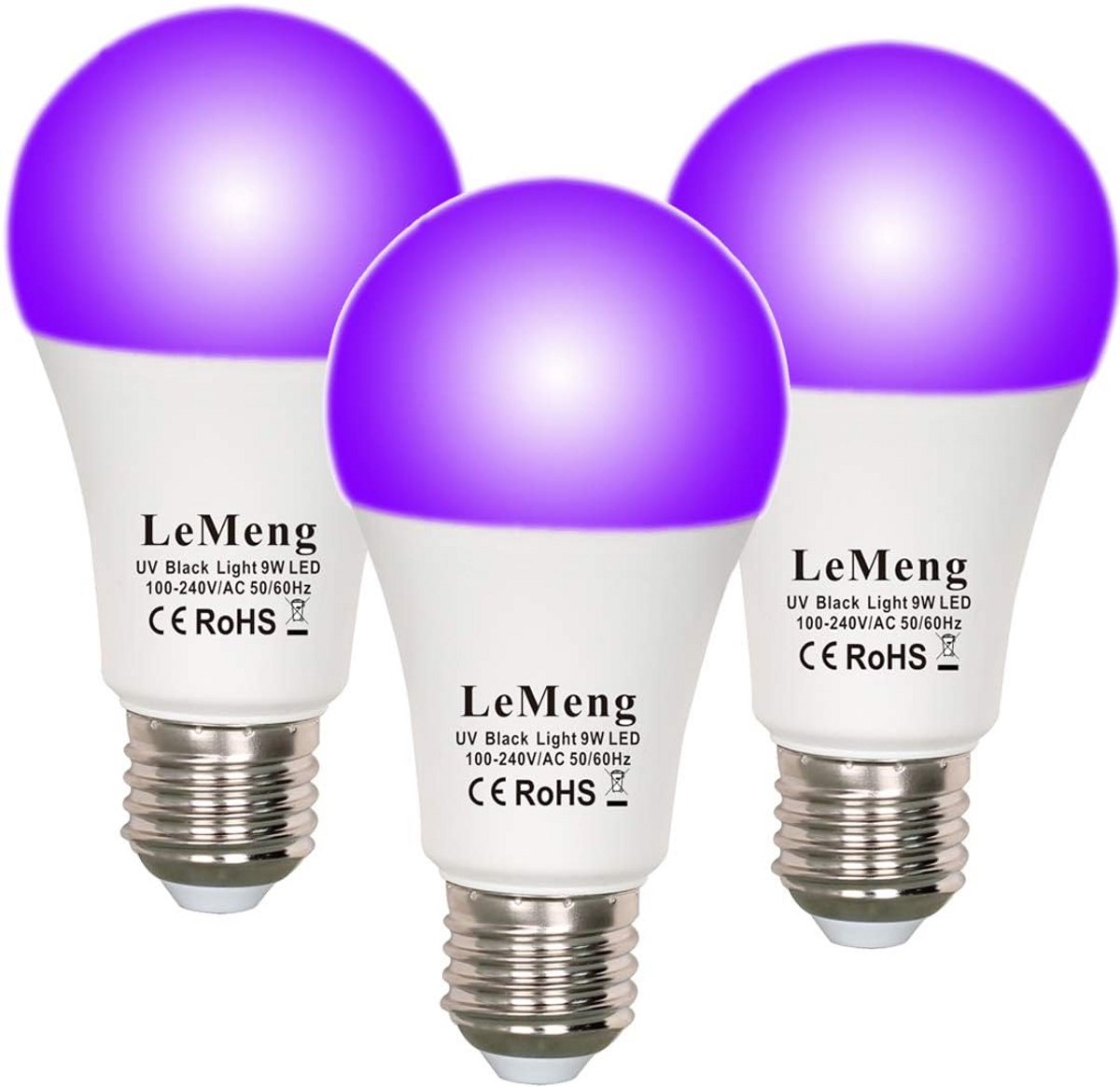 Set van 3 Zwarte UV-LED Lampen 9W E26 voor Gloei-effect