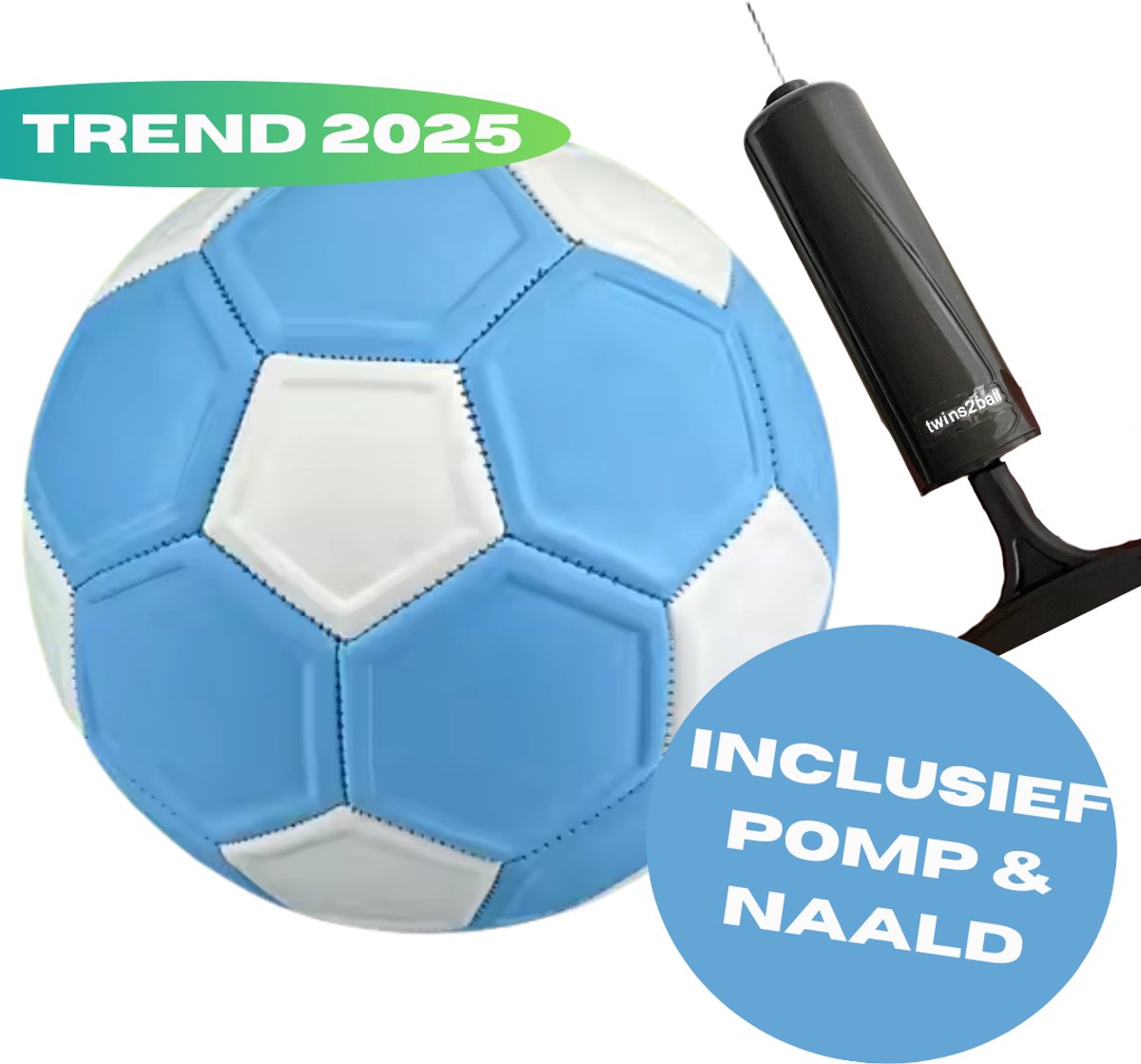 Twins2ball curve bal + POMP & NAALD - curveball - kickerball - curve bal maat 5 - blauw - voetbal - curve ball voetbal