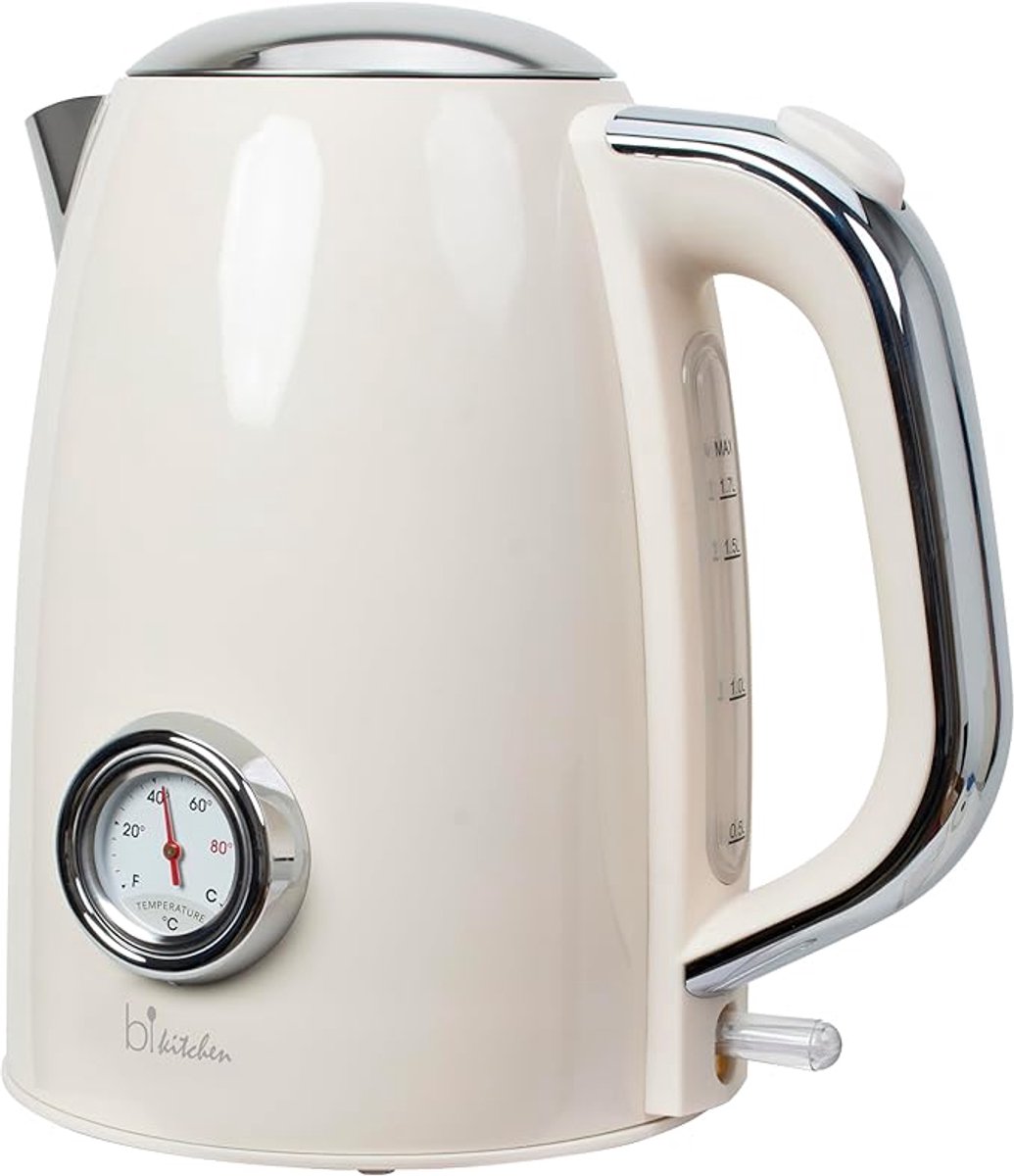 Retro Waterkoker 1,7L – 1850-2200W – RVS Behuizing – Met Temperatuurweergave & Waterniveau Indicator – Automatische Uitschakeling – 360° Draadloos