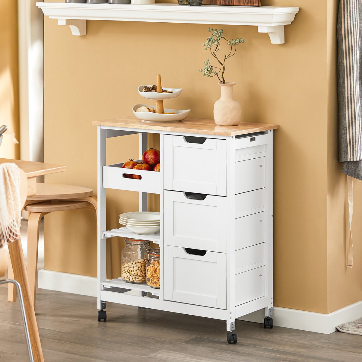 Keukentrolley met 3 Laden en Wielen – Serveerwagen & Keukenwagen – MDF – Wit – 68x85x38 cm