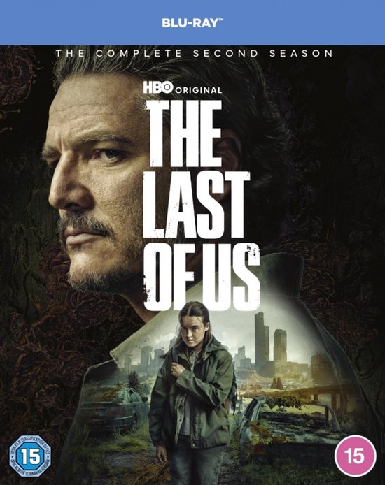 Blu-ray van 'The Last of Us: The Complete Second Season'. Joel en Ellie staan op de cover met een stad op de achtergrond.