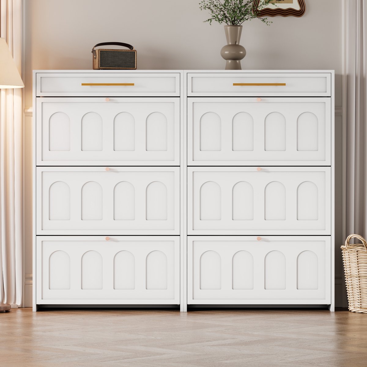 STILVORA Schoenenkast - Smal Met 12 Verstelbare Vakken En 2 Lades - Voor Hal En Entree - MDF Wit - 140x25x123,5 Cm