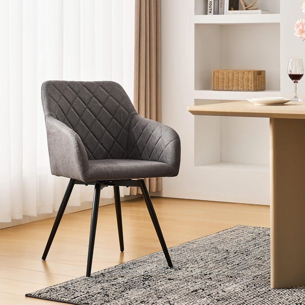 Eetkamerstoelen Set van 6 met Armleuningen 55x54x83 cm – 360° Draaibaar – Ergonomische Linnen Donkergrijs Keukenstoelen met Stalen Onderstel – Luxe Comfort Design – Abkantoor
